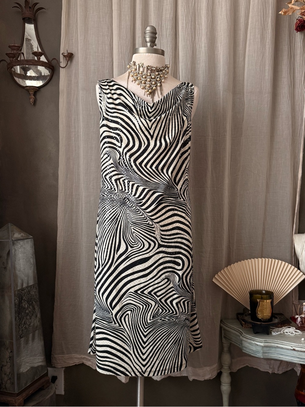 Vintage Black and White Swirl psychedelic 2000s Midi cowl Dress grunge cosmic
